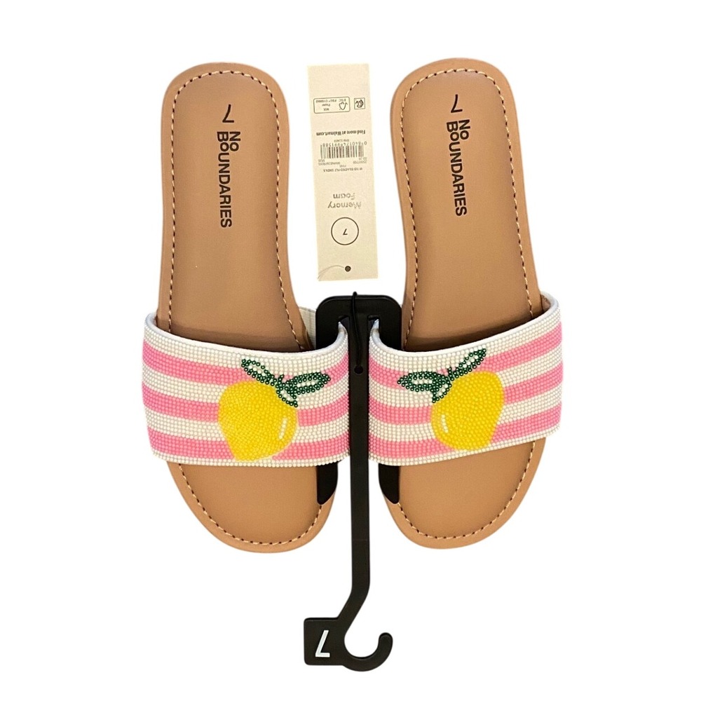 No Boundaries Womens Pink Striped Lemon Beaded Flat Slide Sandals Size 7 NEW